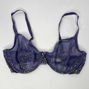 Purple Mesh Embroidered Underwire Bra 36D Floral Lace Unlined Sheer Fairy